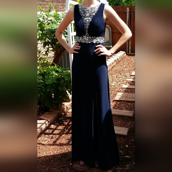 Tony Bowls Size 0 Dark Blue Sequined Prom Dress - worn one time - Picture 3 of 11